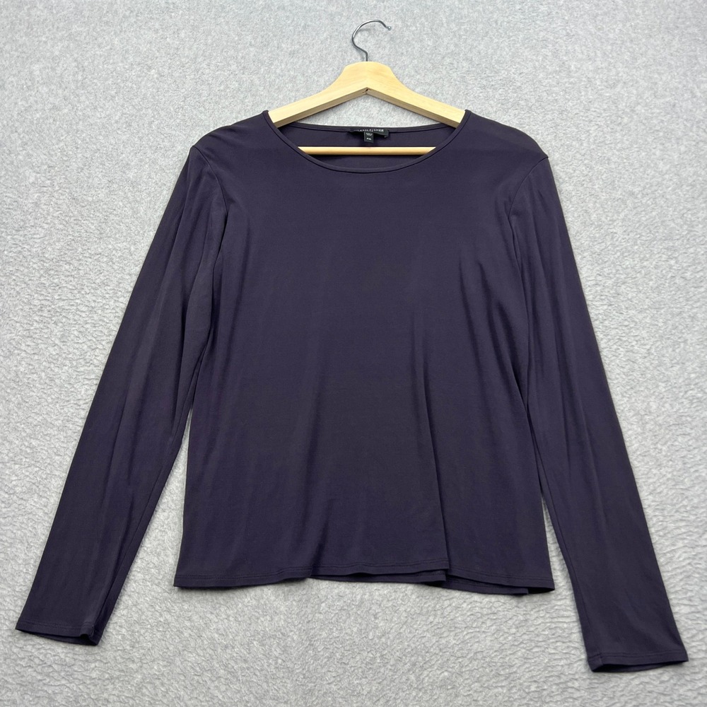 Eileen Fisher 100% Silk Top Womens Medium Petite Purple Long Sleeve Basic Shirt
